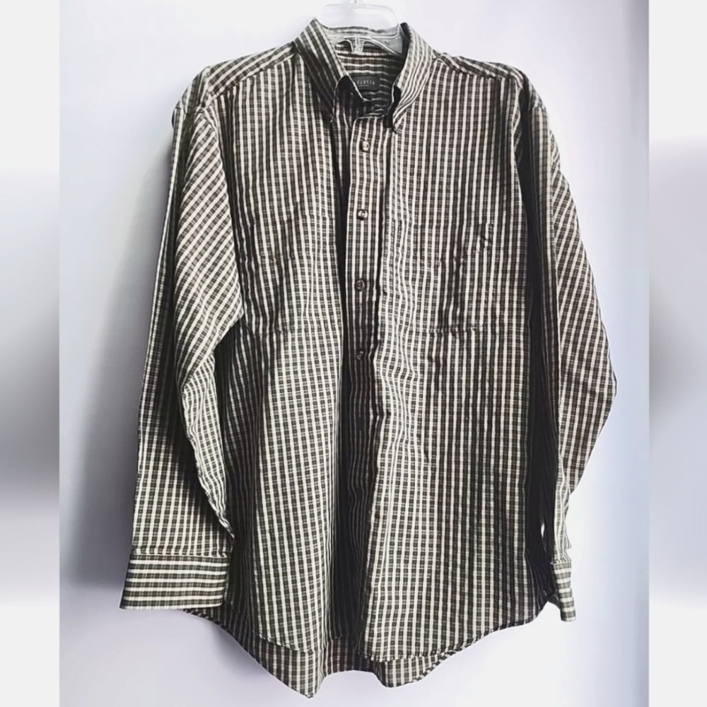 Van Heusen Large Men yellow tan black plaid casual long sleeve dress shirt‎